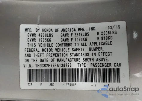 2015 Honda Accord Lx z USA, uszkodzony, nr VIN 1HGCR2F38FA138728